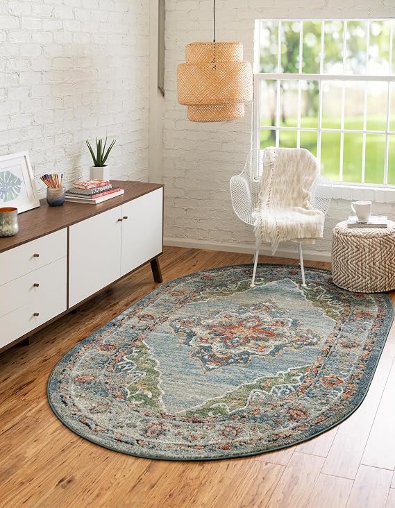 Unique Loom Isabella Collection Area Rug - Rossellini (4' 1" x 6' 1" Oval, Blue/ Beige)