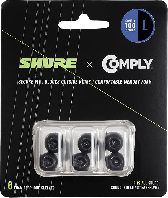 Shure Comply Foam Sleeves 100 Series - Replacement Memory Foam Tips for Shure Sound Isolating Earphones - 6 Pack (3 Pairs), Large (EACYF1-6L)