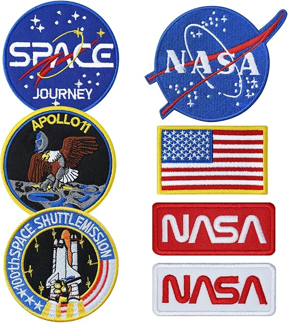 7 PCS NASA Patch, Space Shuttle Embroidered and US Flag Patches for Jackets | 7 Design Assortment, Badge Decorations, Easy to Use, for Hats, Denim Bags, Clothing Repair, DIY Crafts, Birthday Party Favor