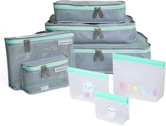MUMI Piccolo Packing Bundle, Baby Travel Essentials - Set of 5 Travel Organizer Bags and 4 Reusable Zip Up Bags - Aqua