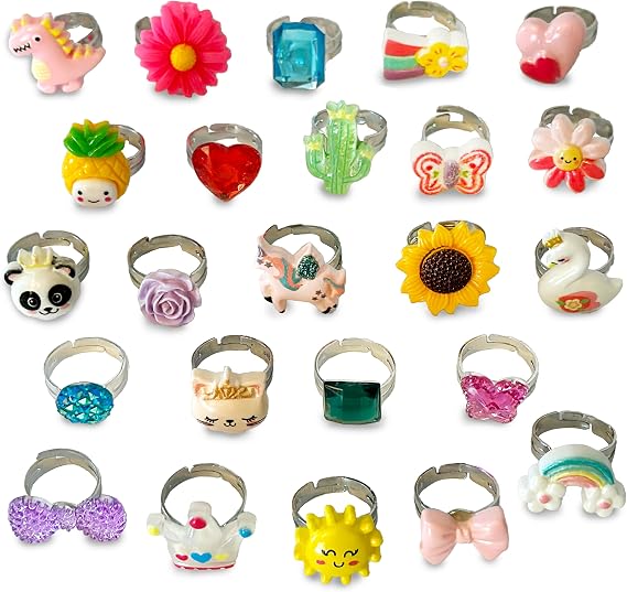 Jewel Rings for Kids, Set of 24 Adjustable Dress Up Rings for Girls, Pretend Play Jewelry for Little Girls In Red Gift Box, Unique and No Duplicates - Great Birthday Gift for Girls Ages 3 4 5 6 7 8