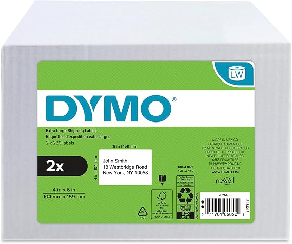 DYMO Authentic LW Extra-Large Shipping Labels for LabelWriter Label Printers, White, 4'' x 6'', 2 Rolls of 220 (440 Total)