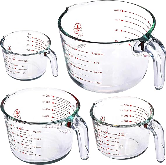 Leraze Glass Measuring Cups Set of 4 Heat-Resistant, Easy-Read Measurements, Ergonomic Handle & Pour Spout, Dishwasher Safe, Kitchen Bakeware Liquid Batter Mixing Bowls (1 cup, 2 cup, 4 cup, 8 Cup)