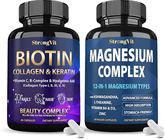 StrongVit Biotin Complex & Magnesium Supplements Bundle (120 Capsules)
