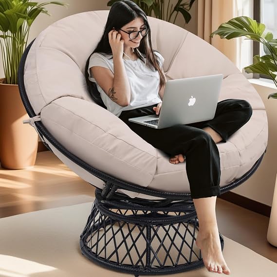 KROFEM 46"Oversized Ergonomic Papasan Chair, Black Frame with Beige Cushion