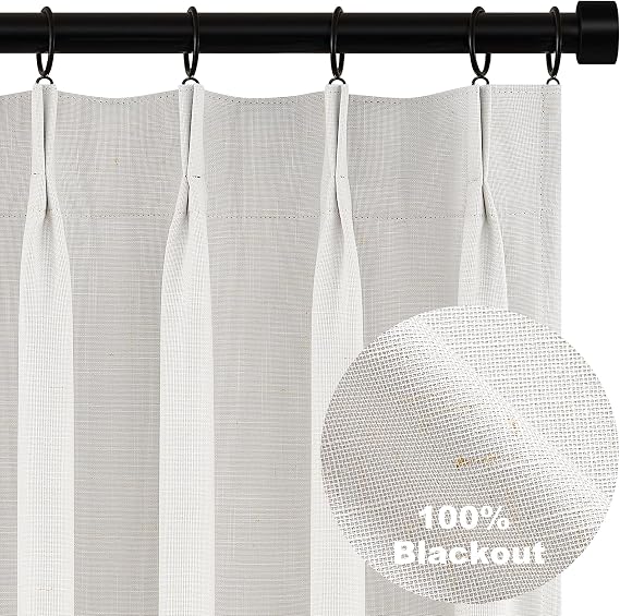 Topfinel Pinch Pleated Curtains 96 Inch Long, 100% Blackout Thermal Insulated Natural Linen Pinch Pleat Viral Drapes with Hooks Rings 2 Panel Sets, Neutral Birch Ivory 8FT Back Tab Window Curtains