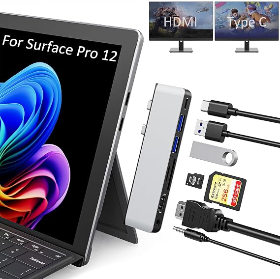 Surface Pro 12 Docking Station, Surface Pro 12 Accessories with 4K HDMI, Thunerbolt 4 Hub (4K@60Hz Display+ 40Gbps Data+ 100W Charging), 2 USB3.0, SD/TF, 3.5mm Audio for Surface Pro 12 inch 2025