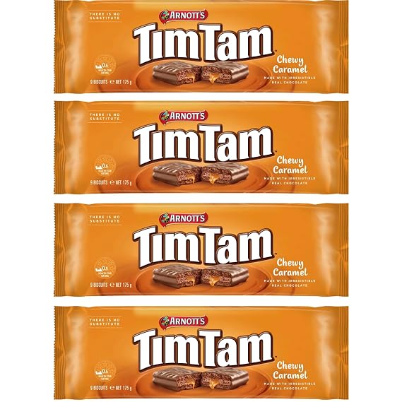 Arnotts Tim Tam Chewy Caramel Chocolate Biscuits 4 Pack (175g Each) Made in Australia Classic Australian Treat