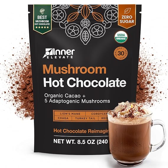 Inner Elevate Mushroom Hot Chocolate Superfood - Ceremonial Cacao with 5 Mushrooms (Lion's Mane, Cordyceps, Chaga, Reishi, Turkey Tail) - Great as a Coffee Alternative, Hot Chocolate, or Smoothie (30 Servings)