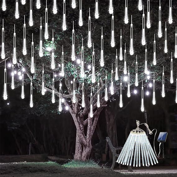 Solar Meteor Shower Lights,Solar Christmas Lights Outdoor Waterproof,16 Tubes 384 LEDs (Equivalent to 2 Sets of 8-Tube) Icicle String Light,LED Rain Drop Light for Tree Garden Decoration (Cool White)