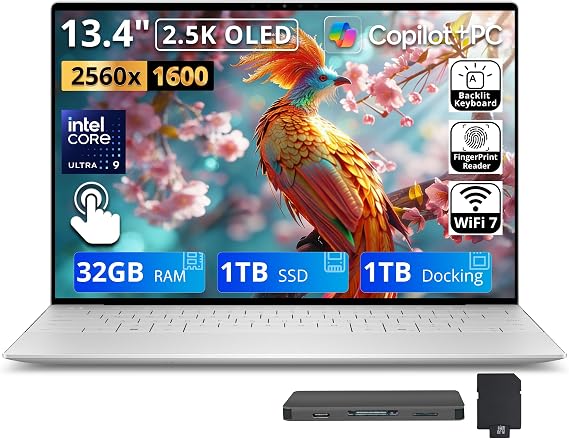 Dell XPS 13.4" 2.5K OLED Touchscreen Laptop, Intel Ultra 9 288V, 32GB RAM, 2TB Storage(1TB SSD+1TB Docking Station Set), Intel Arc Graphics, Backlit Keyboard, Fingerprint, Wi-Fi 7, Win 11, Platinum