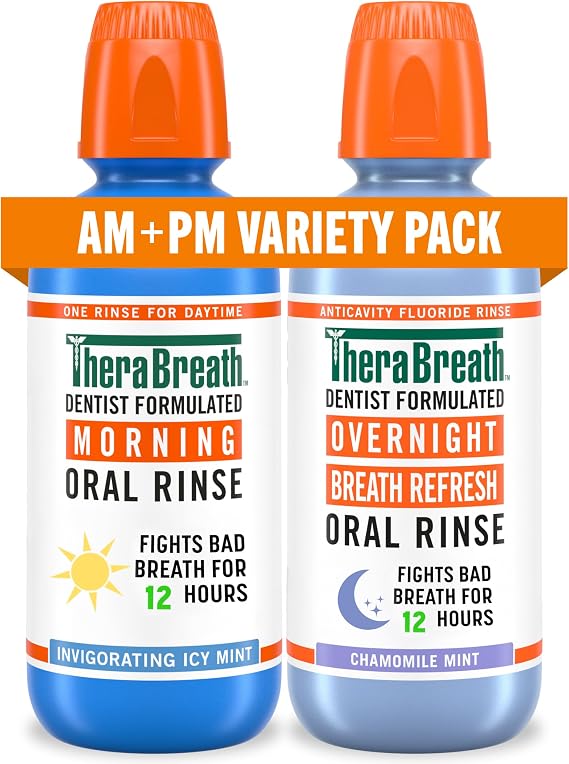TheraBreath AM + PM Mouthwash Bundle, 16 fl oz, 2-Pack | Morning & Overnight Rinses, Fight Bad Breath, Help Prevent Cavities