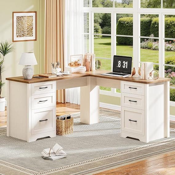 Halitaa Vabches Farmhouse 59 L-Shaped Executive Desk with Storage Drawers, Wood Corner Sturdy Writing Workstation with File Drawers, Computer Writing Desk for Home Office
