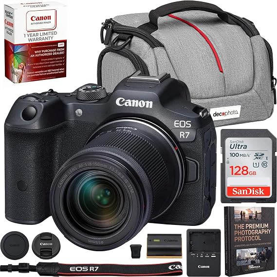 Canon EOS R7 Mirrorless APS-C Camera with RF-S 18-150MM F3.5-6.3 is STM Lens 5137C009 Bundle with Sandisk 128GB Memory Card, Deco Essentials Camera Bag and Premium Photography Pro Kit