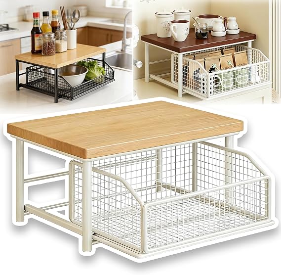 Kitchen Countertop Organizer with Drawer and Wire Basket, 2 Tier Counter Shelf Storage Rack, Space Saving Kitchen Counter Organizer for Microwave, Coffee Station, Spice Jars, Bathroom or Office (C)