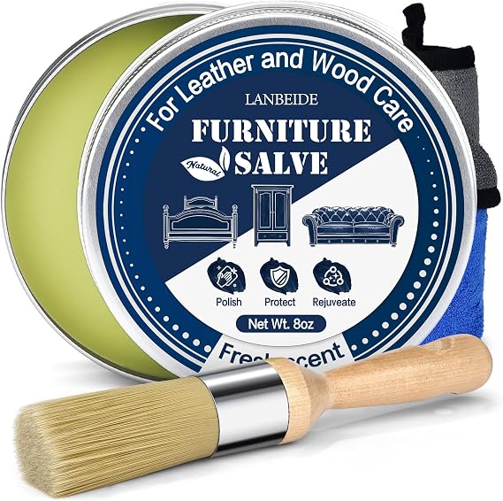 LANBEIDE Furniture Salve for Leather & Wood Furniture 8oz with Brush Set | Furniture Salve for Leather, Polisher, Moisturizer for Couches, Conditioner for Leather, Wood with Brush and Towel