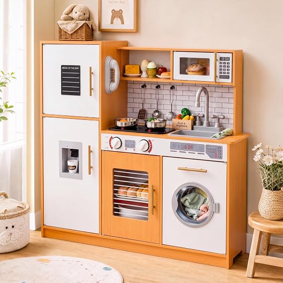 MAMIZO Play Kitchen for Kids, Wooden Toddler Pretend Toy w/Washing Machine