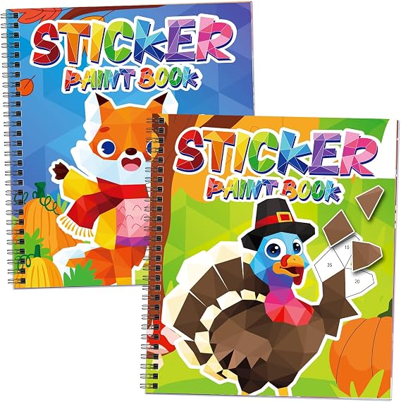Omgouue 2PCS Thanksgiving Crafts for Kids Ages 4-8 Sticker Paint Books Includes Turkey Maple Leaf and More Designs Gift Fall Theme Party Create 20 Pictures Sticker Sheets are Separate
