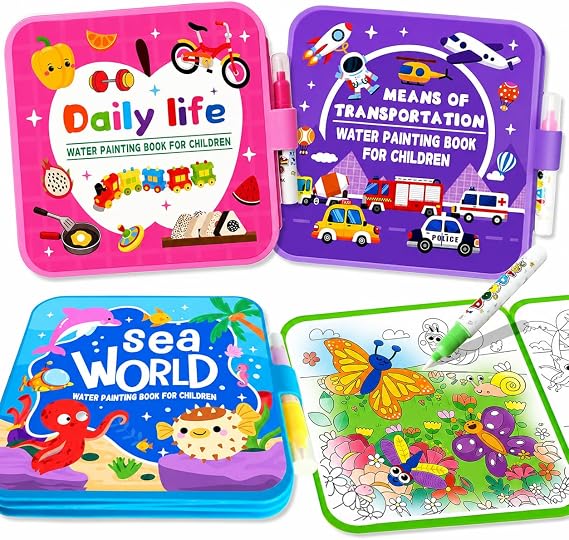 4 Pack Magic Water Coloring Book for Kids, Reusable Water Painting Books with Water Pens, Mess Free Coloring Activity Toy for Toddlers Ages 3+, Travel Coloring Book & Arts Crafts Gift for Boys Girls