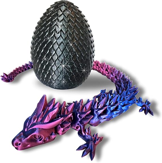 20" Articulated 3D Printed Dragon with Surprise Egg Flexible Fidget Toy for Kids & Teens, Dragon Egg, Mythical Figurine (Red/Blue with Black Egg)