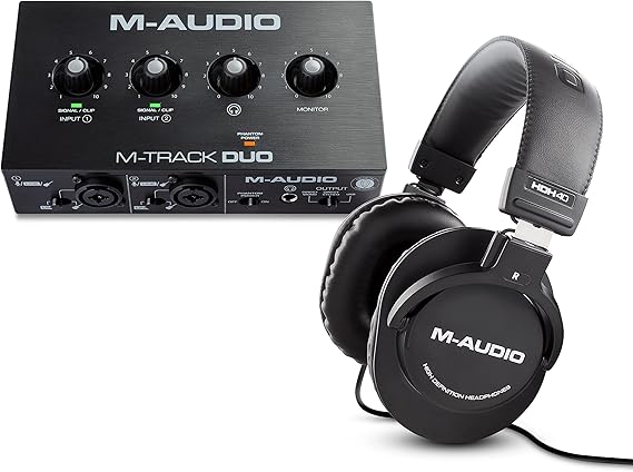 M-Audio M-Track Duo USB Audio Interface for Recording, Streaming and Podcasting with Dual XLR & HDH40 Over Ear Studio Headphones with Closed Back Design