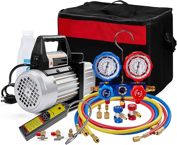SUNROAD HVAC Air Vacuum Pump Set, 4 CFM 1/3HP A/C Refrigeration | AC Manifold Gauge Kit for R410A R134a R12 R22 R502 Auto Air Conditioning Refrigeration Recharging