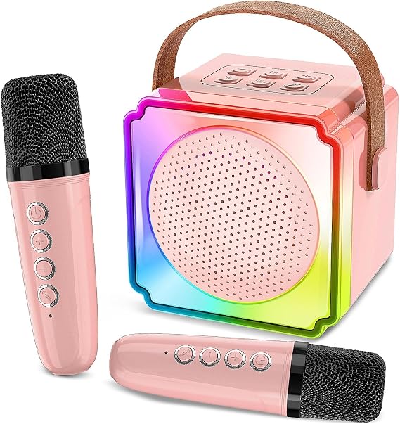 AuntyFey Mini Karaoke Machine for Kids with 2 Wireless Microphone for Kids, Kids Karaoke Machine Toy for 6+ Year Old Girls Kids Age 4-8-12, Kids Microphones for Singing(Pink)