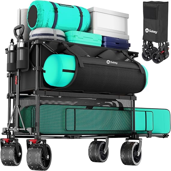400L Large Capacity Folding Double Decker Wagon with Brakes, 50" Extra Long Extender Cart, 500lbs Heavy Duty Collapsible Wagons, All-Terrain Big Wheels for Camping, Sports, Shopping. Black