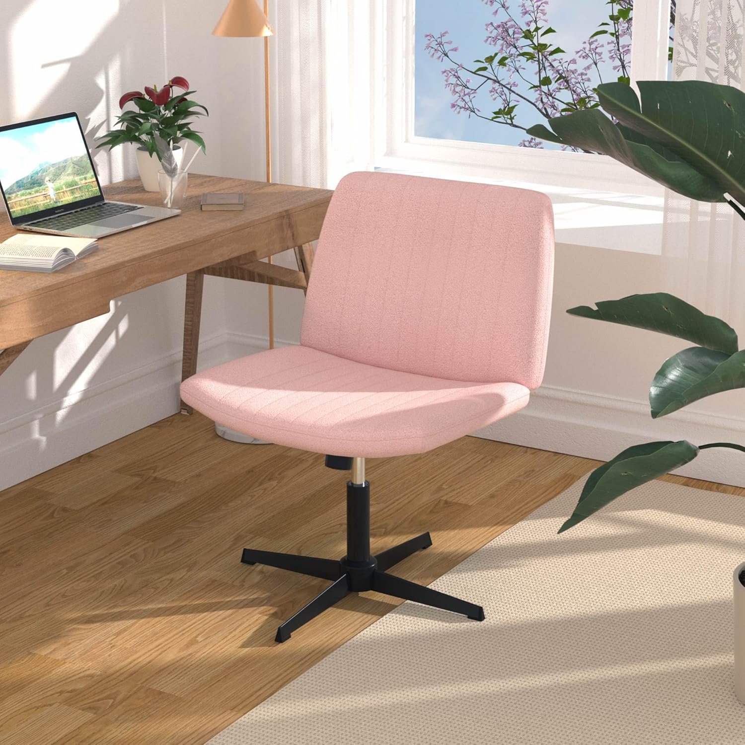 Criss Cross Chair, Vanity Chair with Back, Height Adjustable Armless Home Office Desk Chair, Beige