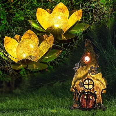 Solar Light Outdoor 2 Pack Orange Crackle Globe Glass Lotus Flower Lights and Gnome Fairy House Statues Green Tree Solar Powered LED Outdoor Decor Garden Light
