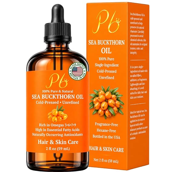 Pomberries Sea Buckthorn Oil, 100% Pure Seabuckthorn Oil for Face & Hair | Cold-Pressed Fruit & Seed Oil, Helps Reduce Fine Lines, Supports Radiant Skin, 2 fl oz Glass Bottle