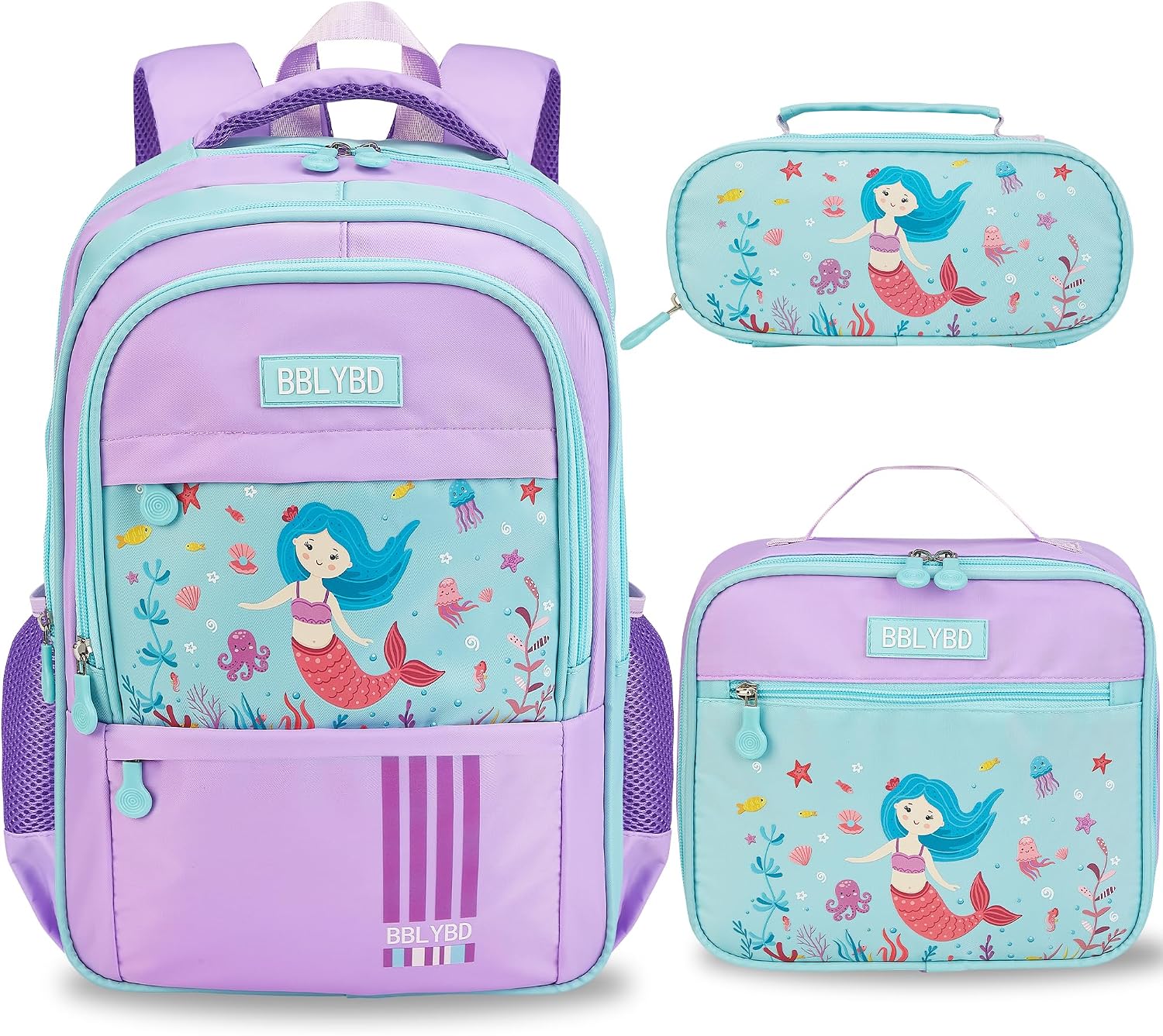 Girls Backpack with Lunch Box, Cute School Backpack for Kids Teen Elementary, Large Capacity Kids Bookbag 3 Pcs Set Mermaid
