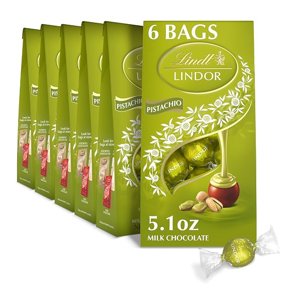 Lindt LINDOR Pistachio Milk Chocolate Candy Truffles, Great for Gifting, 5.1 oz. Bag, 6 Pack