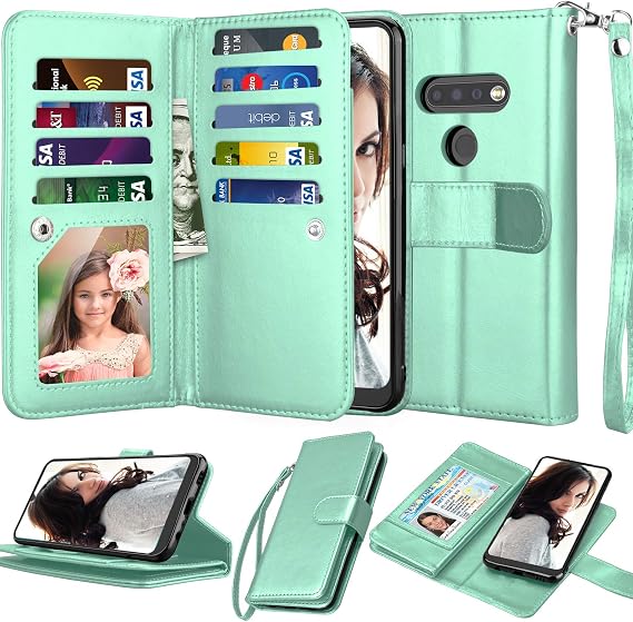 NJJEX Compatible with LG K51 Case/LG Q51/ LG Reflect/LG K51 Wallet Case, [9 Card Slots] PU Leather ID Credit Card Holder Folio Flip [Detachable] Kickstand Magnetic Phone Cover & Lanyard [Turquoise]