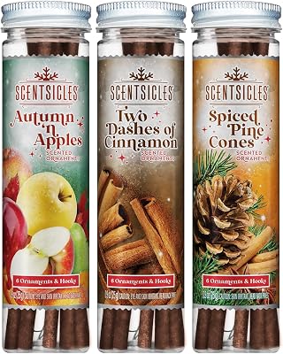 Scentsicles Autumn n Apples, Two Dashes of Cinnamon and Spiced Pine Cones Scented Ornaments Fall Three Pack with Hooks 3 Bottles with 6 Sticks Each