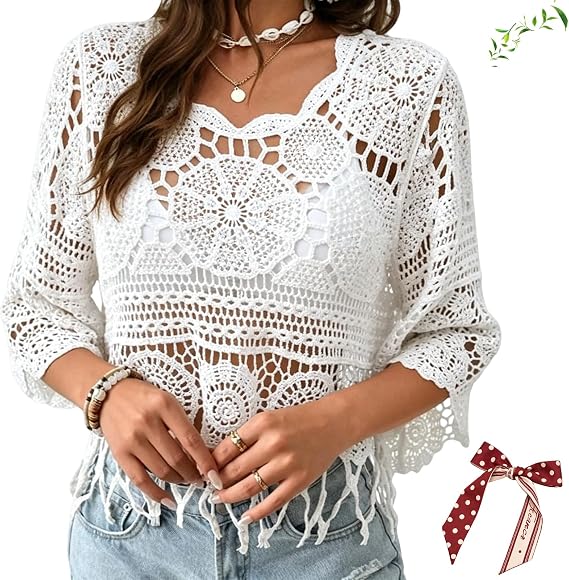 RJDJ Women's Plain Fringe Trim Cut Out Sheer Cover Up, Boho Scallop Trim 3/4 Sleeve Round Neck Cover Up for Beach Vacation