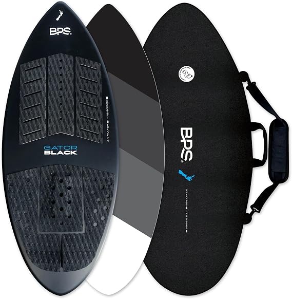 BPS New Zealand Gator Black Fiberglass Skimboard with Padded Carry Bag Made from Recycled Plastics Performance Skimboard with Custom Traction Pads for Kids Adults Choose from 3 Sizes