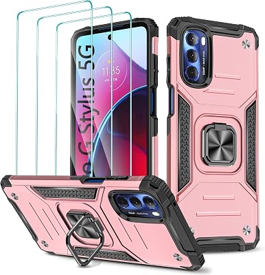Moto G Stylus 5G 2022 Case with 3 Pcs Tempered Glass Screen Protector, Built in Magnetic Ring Kickstand Military-Grade Hard PC TPU Hybrid Shockproof Aromr Case - Rose Gold