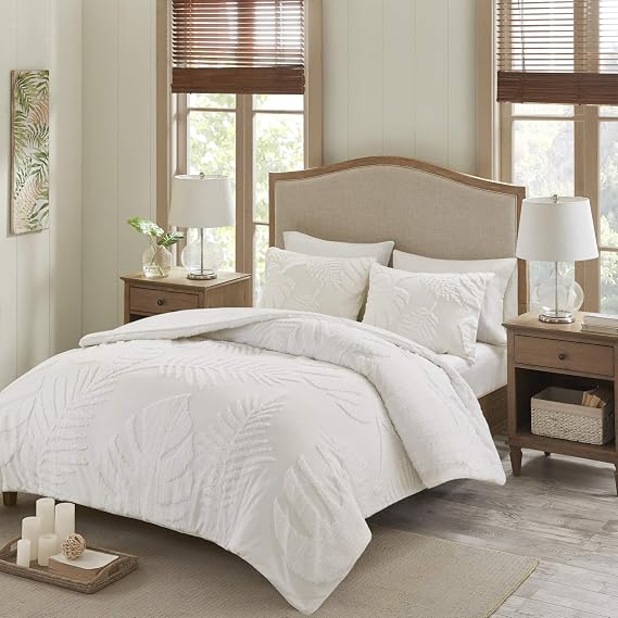 Madison Park Tufted Chenille 100% Cotton Duvet- Modern Luxe All Season Comforter Cover Bed Set with Matching Shams, Full/Queen(90"x90"), Palm Leaf Off White 3 Piece