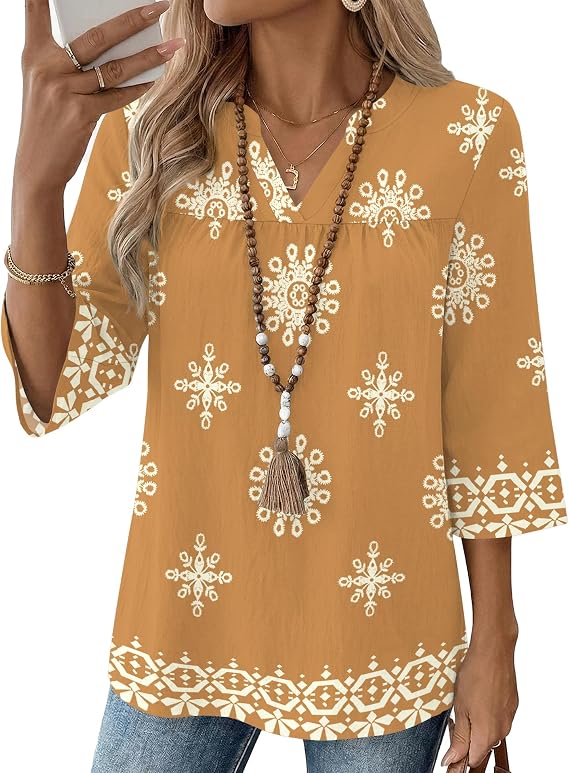 Rapbin Womens 3/4 Sleeve V Neck Boho Pleated Blouses for Women Dressy Casual Loose Fit Tops