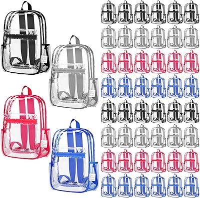 Silkfly 48 Pack Clear Backpacks Bulk PVC Transparent Bookbags Heavy Duty See Through Bags with Pockets for Stadium Work Travel15 x 11 x 5.2 Inches