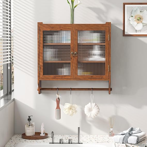 Double Glass Door Wood Wall Cabinet with Detachable Shelves,Brown