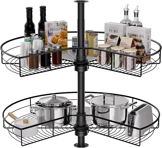 Corner Cabinet Lazy Susan, HANKEY Kitchen Corner Cabinet Organizer with 360 Rotating Metal Turntable,2-Tier Kidney-Cut Shaped Lazy Susans with 22.3~31.1in Height Adjustment,Black