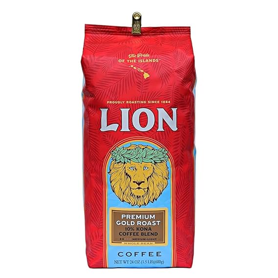 Lion Coffee Gold Roast 10% Kona Whole Bean Coffee, Medium-Light Roast, A Taste of Aloha - 24 Ounce Bag