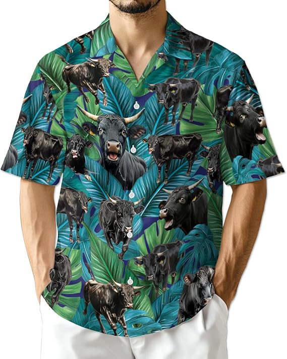 Texas Longhorn Cattle Hawaiian Shirt for Men, Tropical Button Down Summer Beach Short Sleeve, Cow Lovers Gift, S-5XL