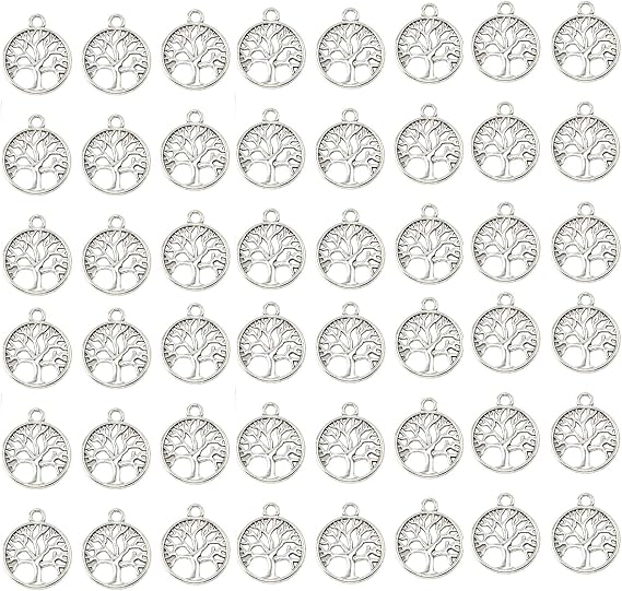 YYaaloa Pack of 50 Tibetan Tree of Life Charms; Silver, Mixed Smooth Metal Charms for DIY Jewelry Making