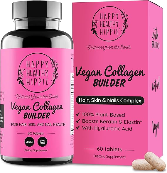 Vegan Collagen Booster for Hair, Skin & Nails, Plant-Based, Non-GMO, 60 Ct | Vegetarian Collagen Builder - Hyaluronic Acid, L-Lysine, Gotu Kola - Supports Connective Tissue - Gluten-Free, Vegan