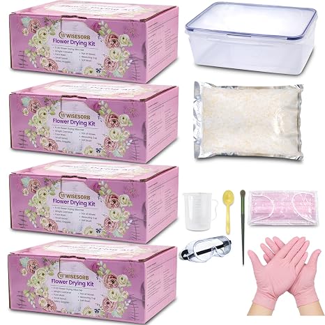 Wisesorb 4 Set of 5 LBS Silica Gel Flower Drying Kit, Silica Sand Reusable Flower Preservation Kit with Airtight Container, Gloves, Brush, Safety Goggles for DIY Wedding Bouquet Preservation