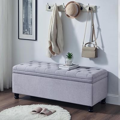 Upholstered Tufted Button Storage Bench,Linen Fabric Entry Bench with Spindle Wooden Legs, Bed Bench Light Gray