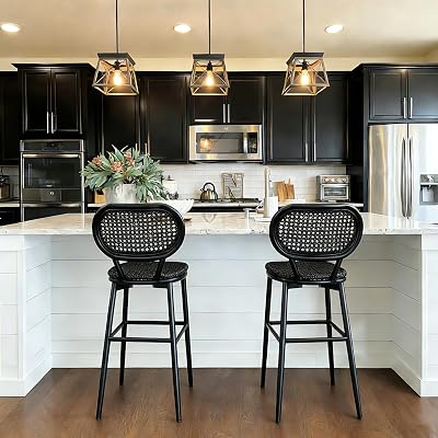 PURPLE LEAF Bar Stools Set of 2 Patio Rattan Counter Height Barstools Modern Aluminum Stools with Back for Pool Garden Kitchen Island Outdoor Bar Chairs, Black